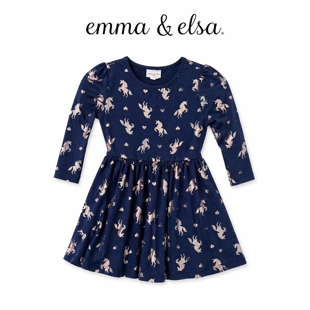 Emma & Elsa Unicorn Dress Girls Blue Glitter Print Long Sleeve Twirl Dress